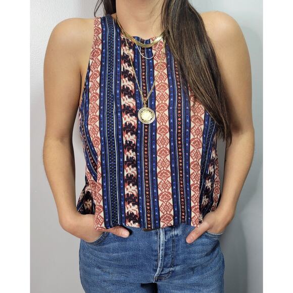 Forever 21 Sleeveless Tank Top Blue Red Printed Ikat Striped Boho Festival Small - Picture 1 of 4